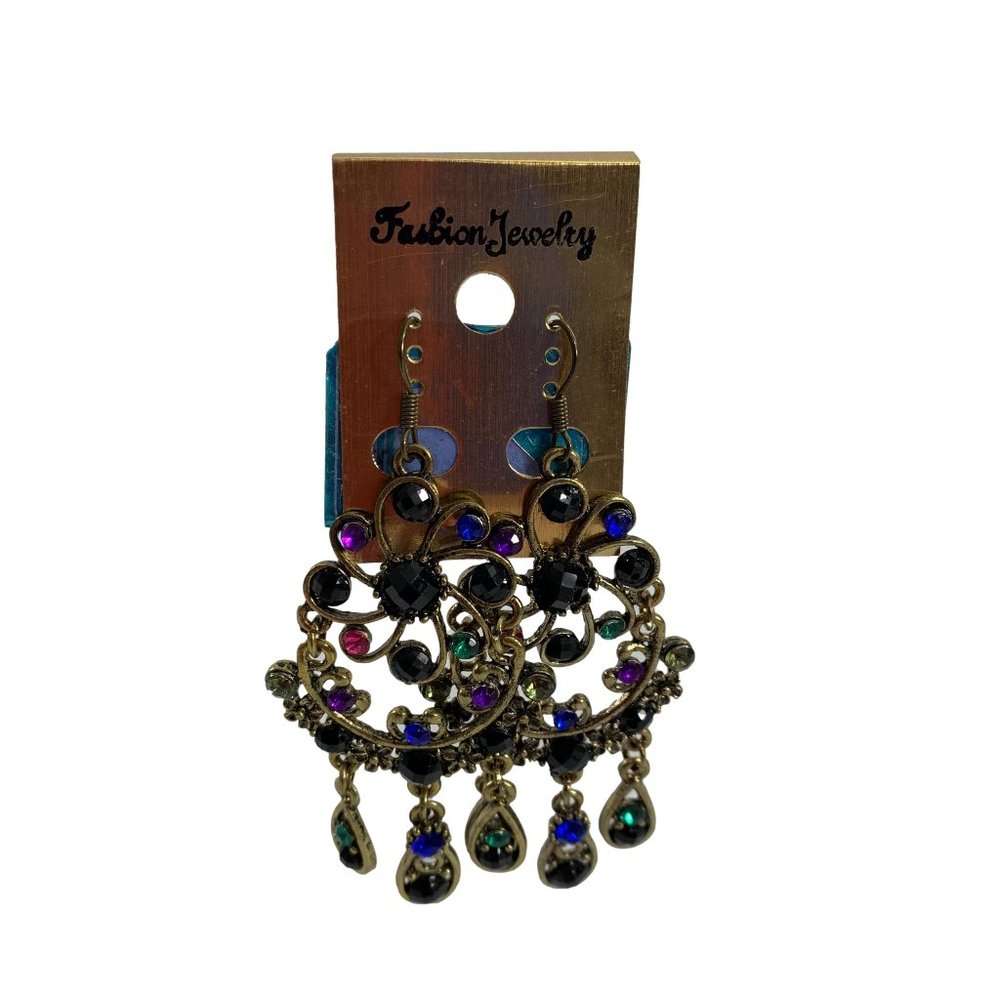 Fashion Earrings Chandelier Dangle Purple Red Blue Rhinestones Gold Tone Boho 3"